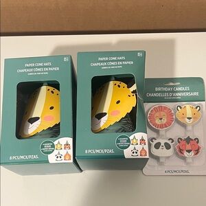 Jungle Animal Party Cone Hats and Candles Set